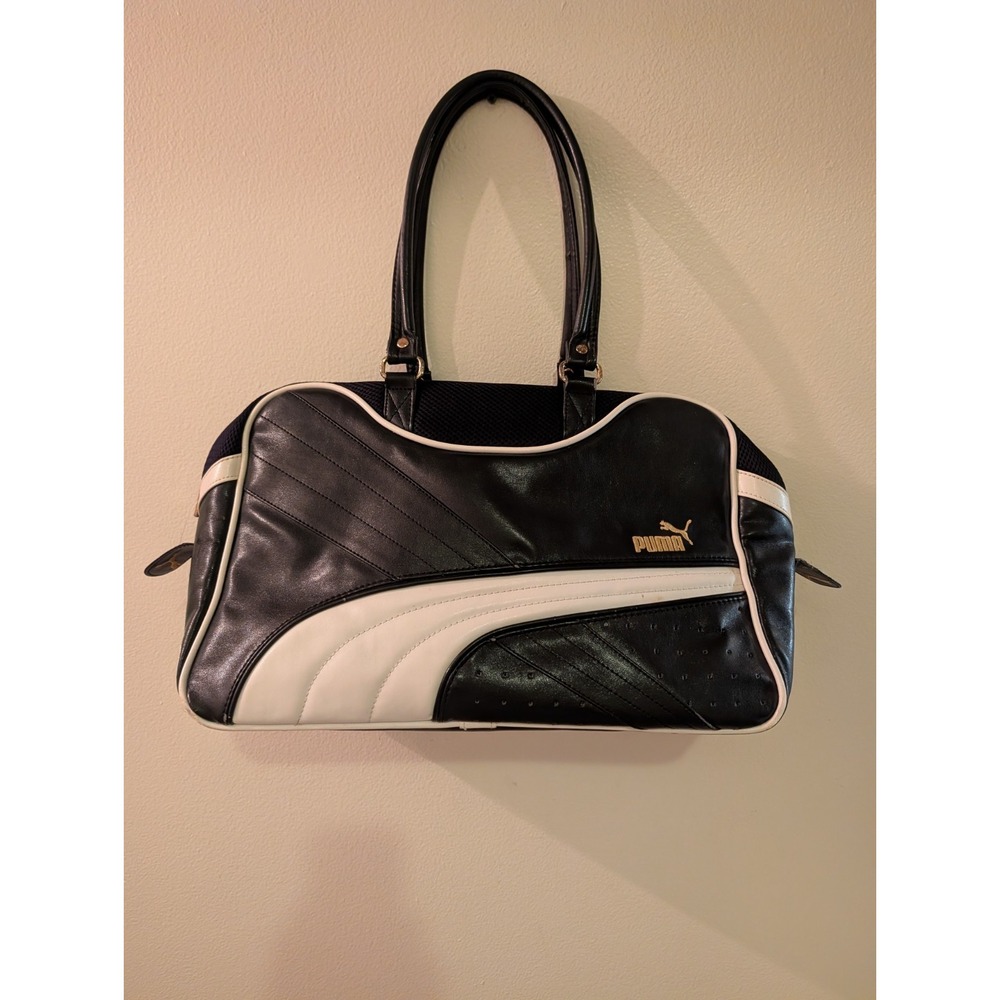 Vintage PUMA Retro Formstrip Logo Black White Gold Leather Gym Sport Hand Bag 88